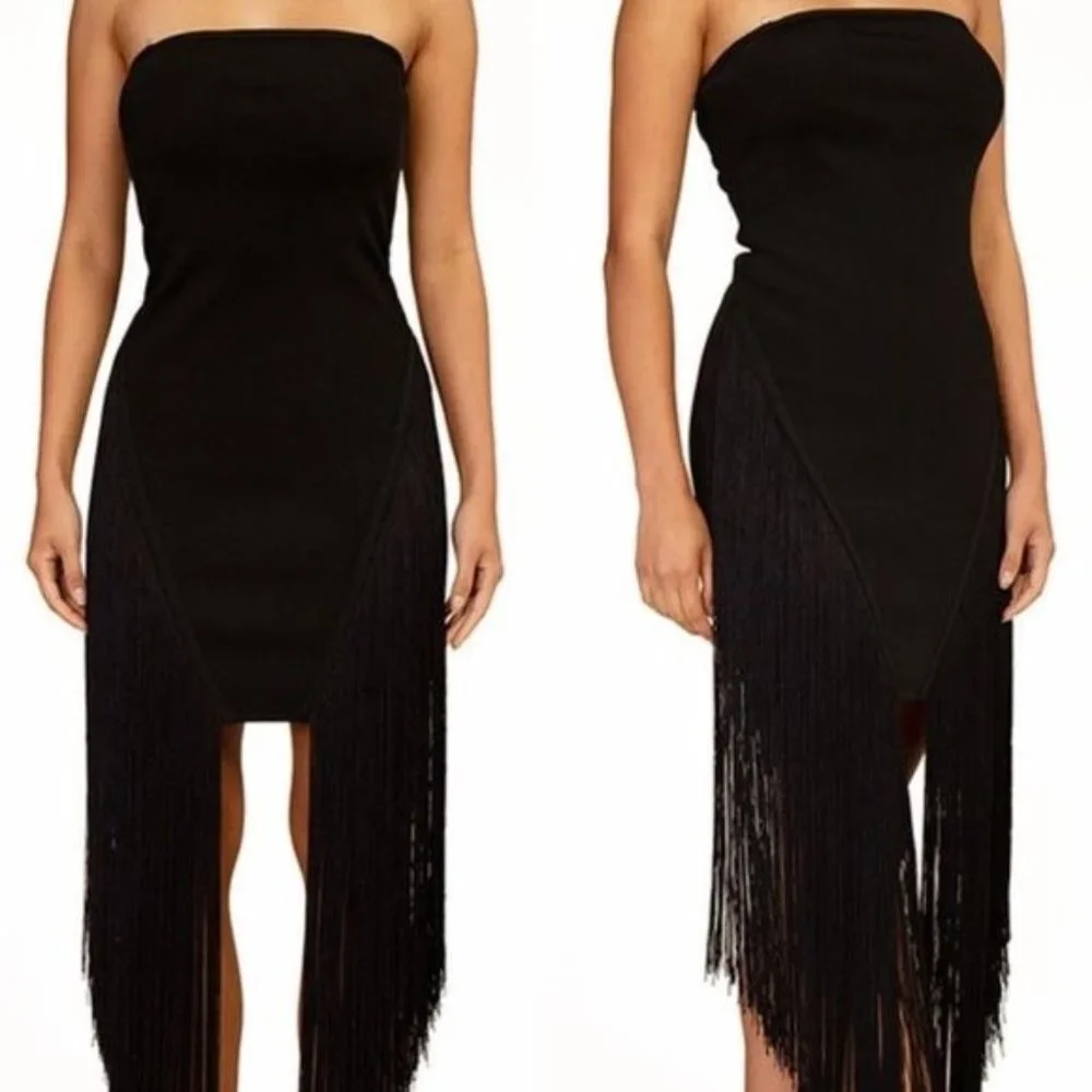 Callie Maxi Fringe: Statement Black Strapless Bandage Tube Mini Dress - Picture 1 of 4